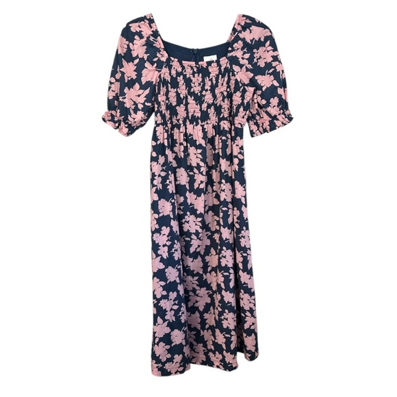 The Nines by HATCH Pink and White Puff Sleeve Smocked Midi Dress - Picture 1 of 7
